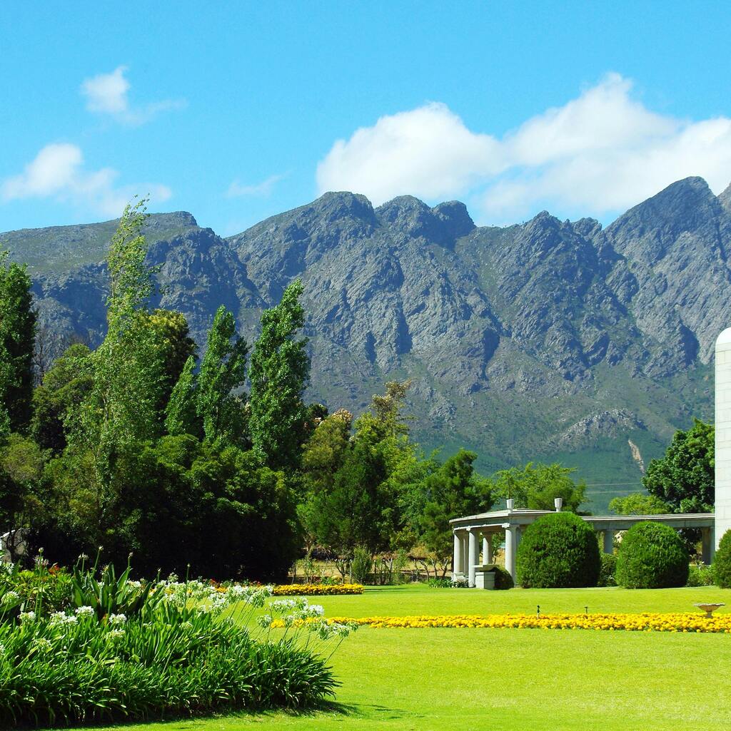 The Huguenot monument in a lush garden in Franschhoek